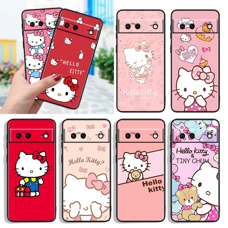 

New Hello Kitty Cartoon Shockproof Cover for Google Pixel 7 6a 6 Pro 5 4 4A XL 5G Black Phone Case Shell Soft Fundas Capa