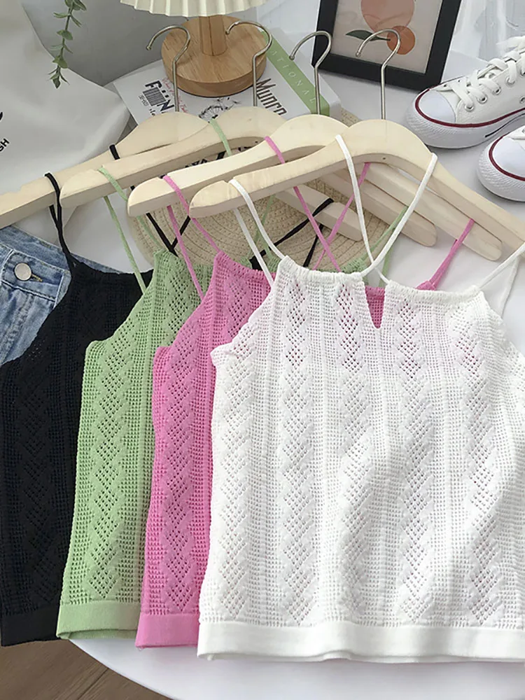 

HELIAR Women Green Strapy Knitted tops Cross Halter Fashion Solid Cropped Tops Ladies Strapless Spaghetti Crop Top For Summer