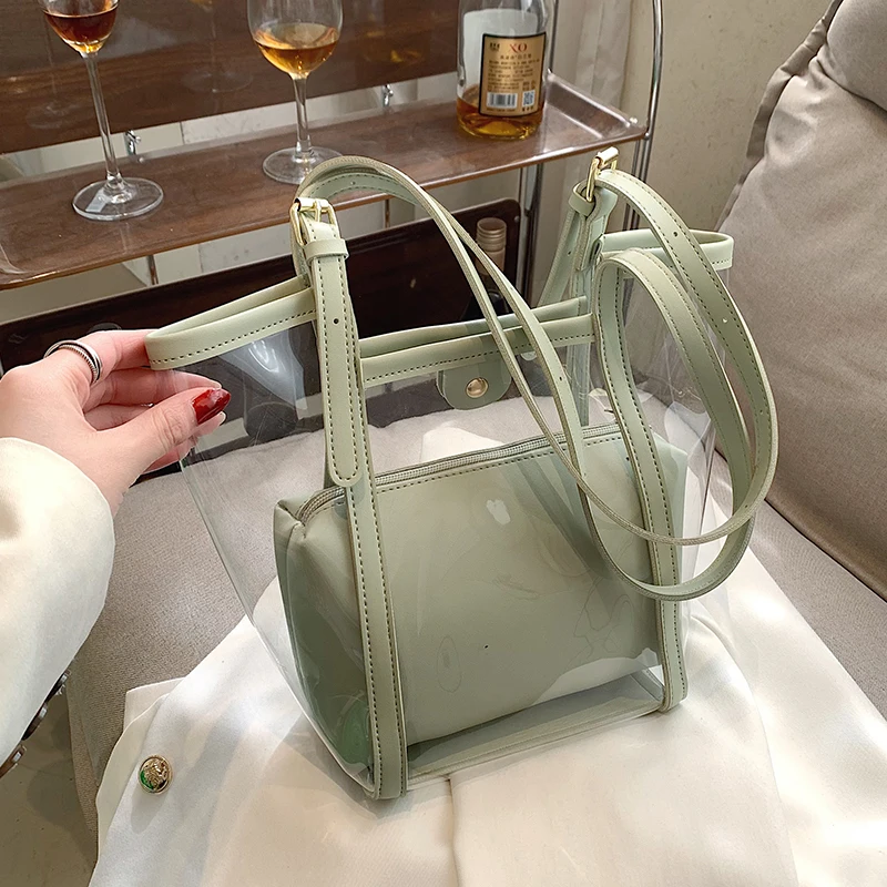 Fashion Transparent Pvc Handbags for Women Soft Pu Leather Bag Summer Beach Composite Bags Bucket Purses tote bag Shopping bag