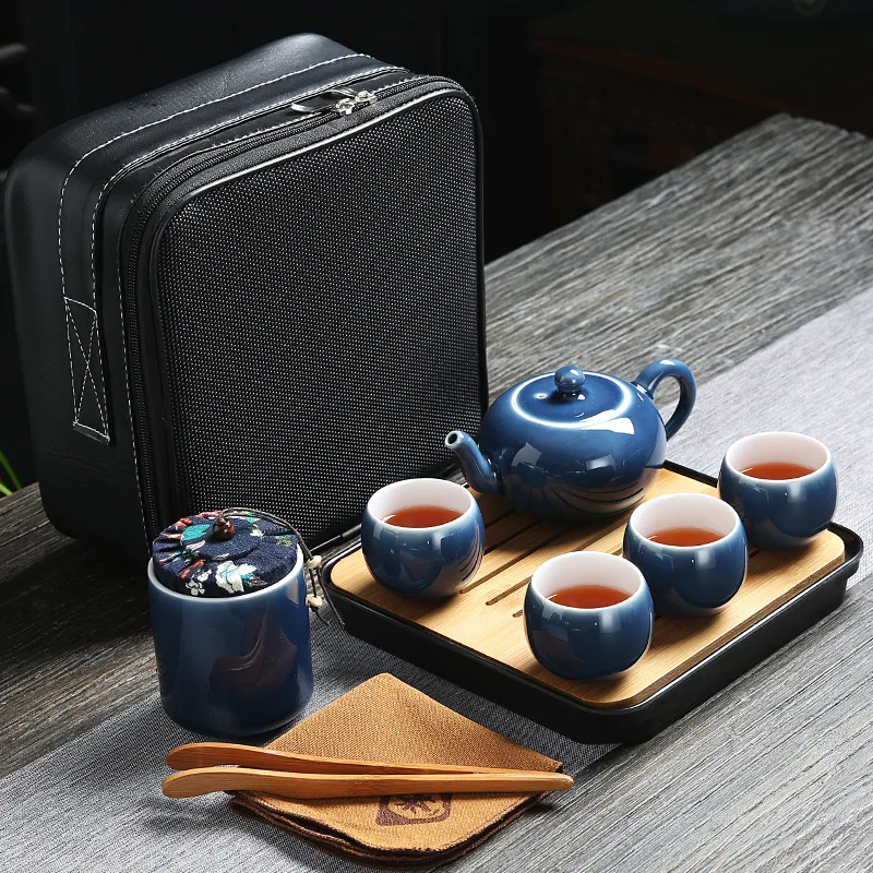 

Portable Japanese Black Pottery Travel Tea Set High Quality Hotel Simple Kung Fu Tea Cup and Tray Business Gifts Teaware Elegant
