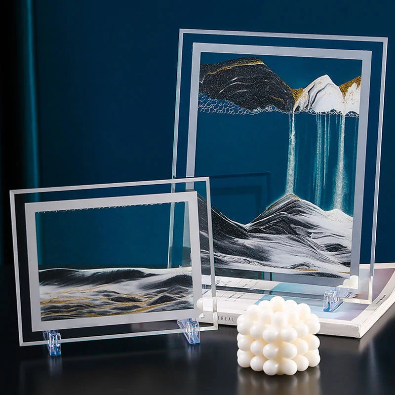 

3D Glass Sandscape Hourglass Moving Sand Art Picture Rectangle Glass Ornaments Desktop Decoration Quicksand Painting Home Decor