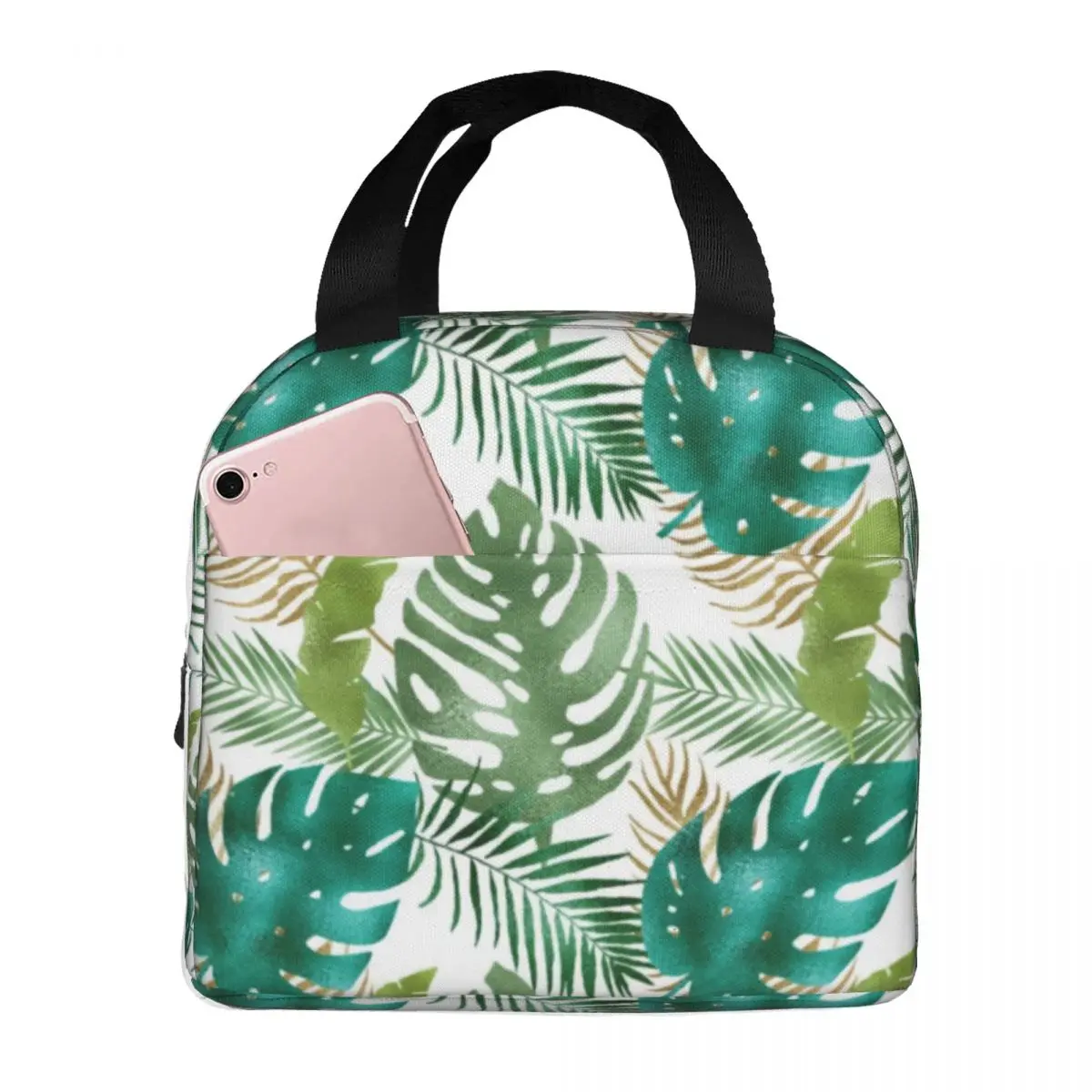 

Variety Metallic Colors Lunch Bag with Handle Green Palm Leaf Meal Cooler Bag Reusable Zipper Travel Thermal Bag