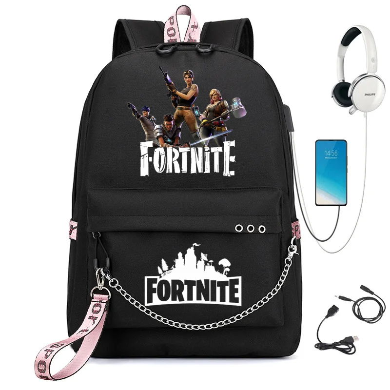 Фото Стильный корейский рюкзак Fortnite с принтом, тканевый, с металлической цепочкой, встроенным USB-портом, водонепроницаемый, легкий, для путешествий и хранения вещей №5
