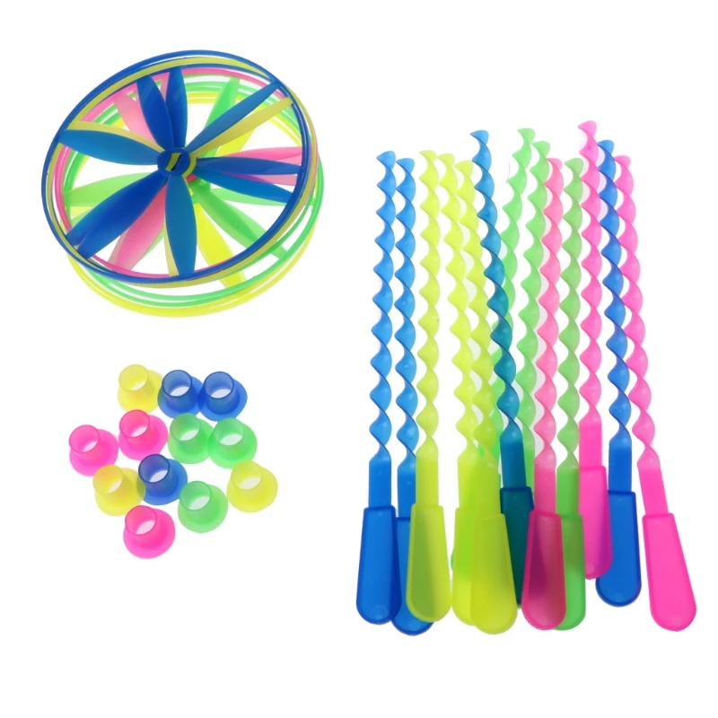 12 Pcs Twisty Flying Saucers Assorted Colors Helicopters Outdoor Bamboo Dragonfly Plastic Handle UFO Toy Fairy Flying Saucer