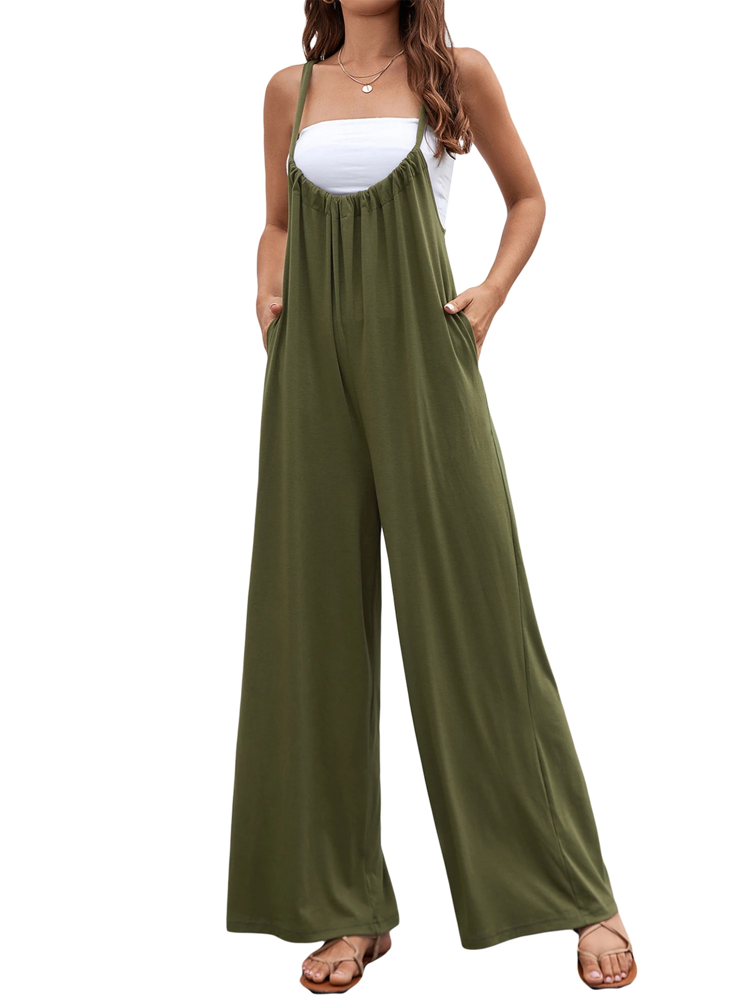 Elegant High-Waisted Wide-Leg Jumpsuit with Halter Neckline Cutout Detail and Convenient Pockets - Sleeveless