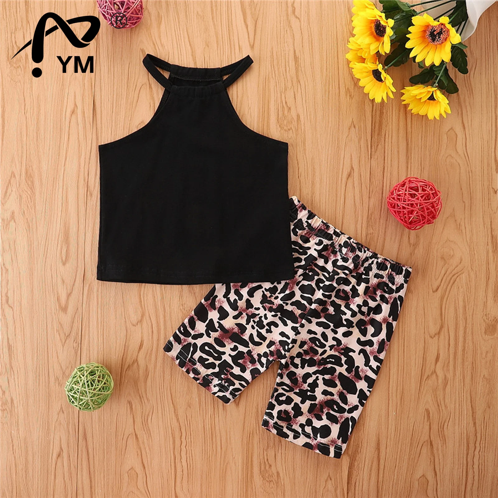 

New 1-6Y Fashion Infant Girls Clothes Sets 2pcs Halter Sleeveless Solid Vest Tops Leopard Printed Shorts Summer Outift