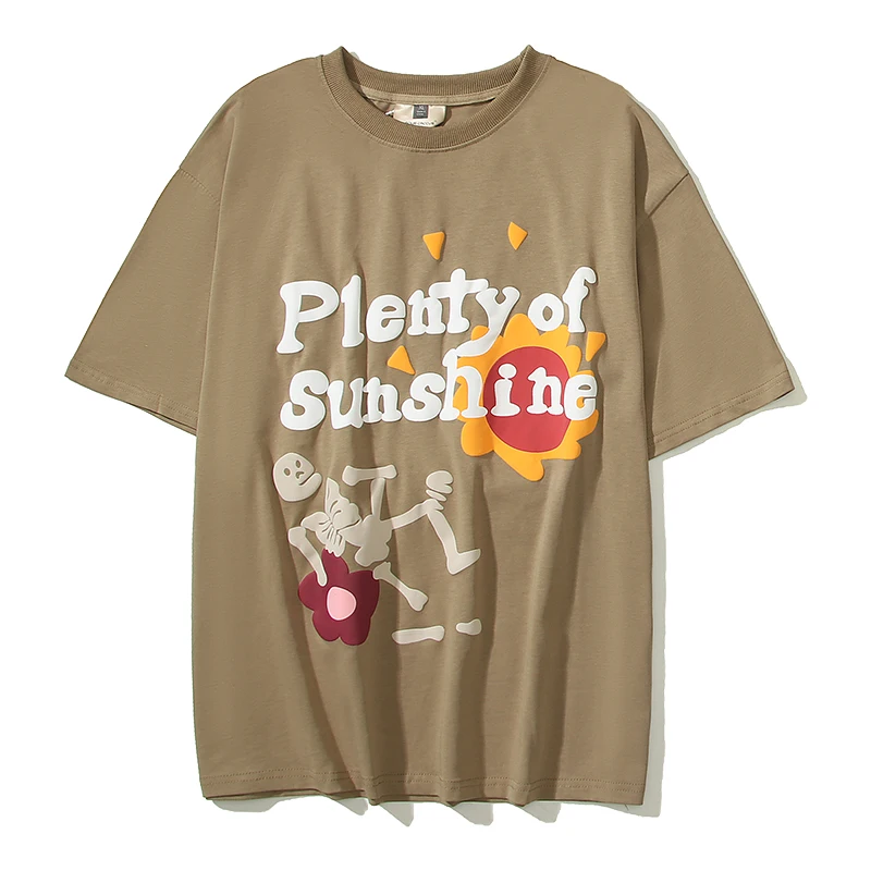 

High Street Letter Foam Skull Puff Print Round Neck Summer Tshirts for Men Cotton Short Sleeve T Shirt Unisex Oversized Top Tees