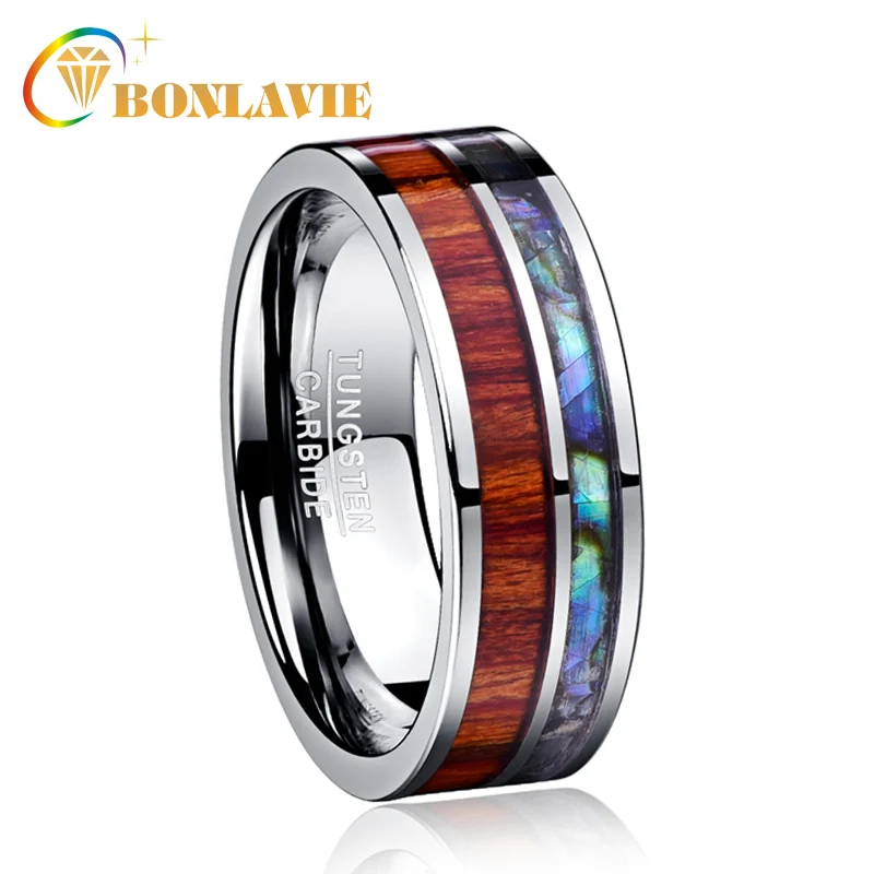 

BONLAVIE 8mm 100% Tungsten Carbide Steel Ring Polishing Wood Grain Natural Shell Opal Men Rings Jewelry Wholesale