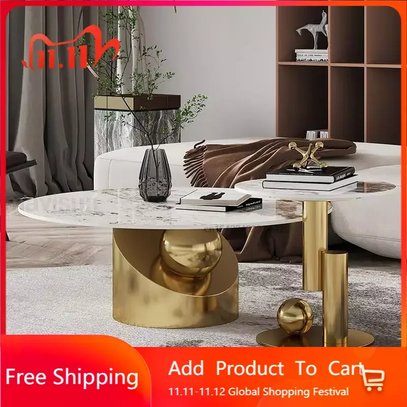 

Coffee Table Designed Gold Desktop Stainless Steel Frames Smooth Rock Panel Round Large And Small Living Room Center Tables