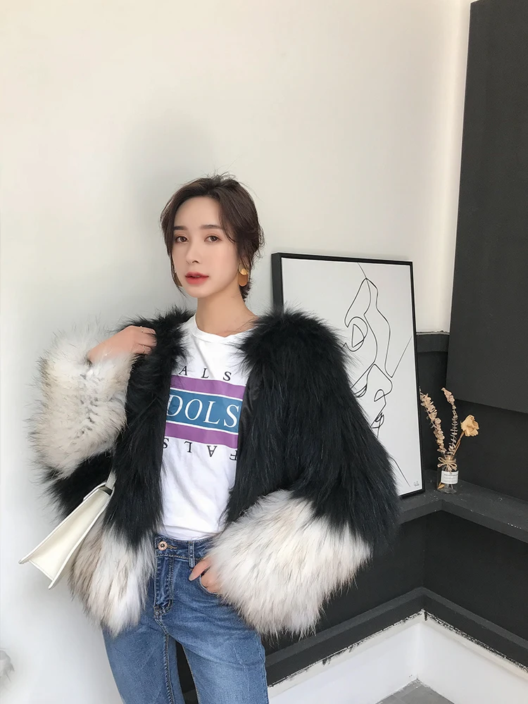 Raccoon Fur Woven Woman Parkas Winter Real Fur Coat Women's Contrast Color New Fox Fur Korean Thick Warm Jacket Fashion
