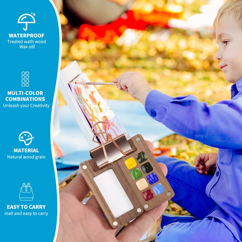 8 Grid Portable Sketchbook Palette Wooden Colour Box Mini Travel Paint Tray With A Clip (Without Paint)