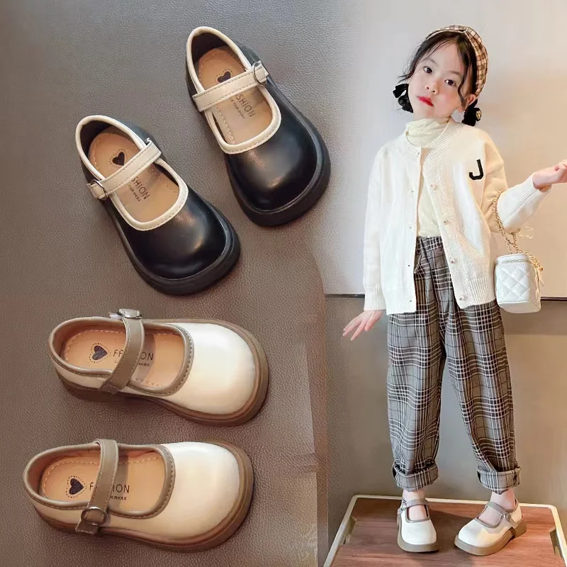 Congme Fashion Girls Leather Shoes Toddler Kids Korean School Style White Black Flat Shoes Princess Shoes Dress Flat Shoes