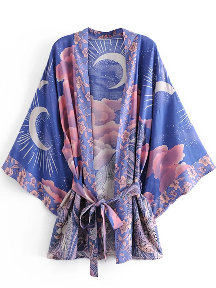 

Rmzm Boho Vintage Star Moon Floral Print Robe Belted Women's Bohemian V Neck Batwing Sleeve Kimono Dress Happie Blouse