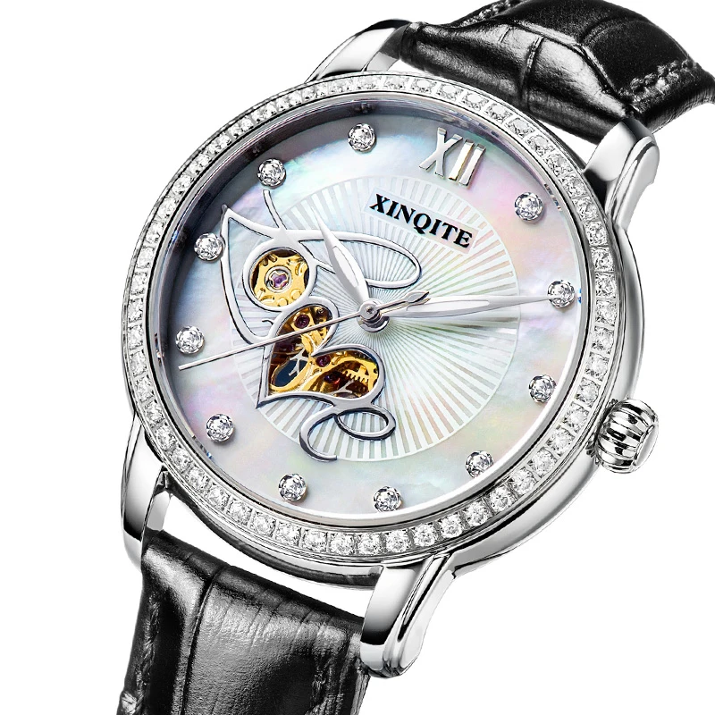 Mechanical Watch For Woman Sapphire Crystal Love Pearl Dial Automatic Lady Watch Colorful Leather Strap Watch For Women