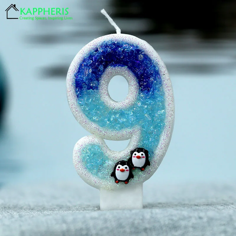 Свеча в виде пингвина на день рождения 1 год для оформления детской комнаты синие