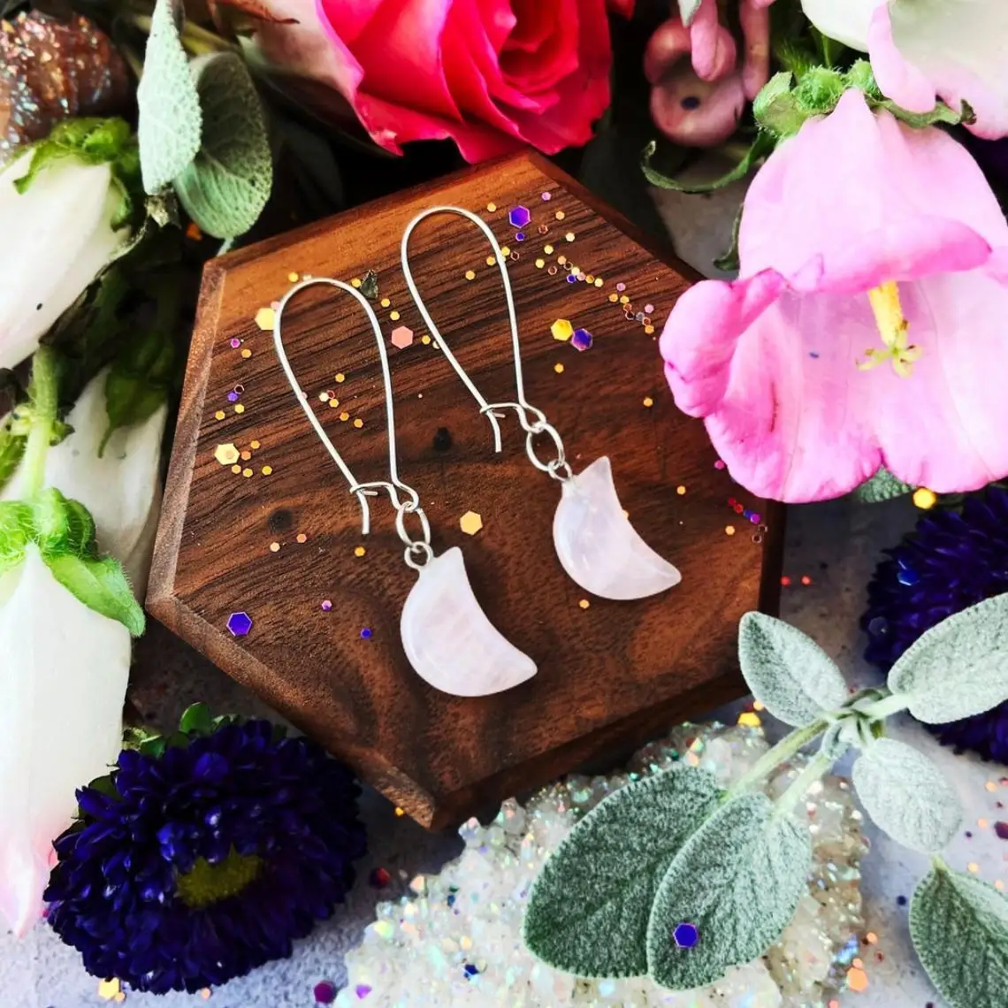 Rose Quartz Tigers Eye Quartz Crystal Amethyst Moon Earrings ~ Celestial earrings, witchcraft jewelry, witch earrings, crescent