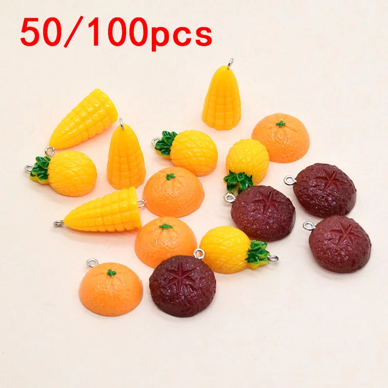 

50/100pcs Mix Fruit Vegetable Resin Charms Kawaii Pineapple Mushroom Corn Orange Pendant For Earring Key Jewelry Make