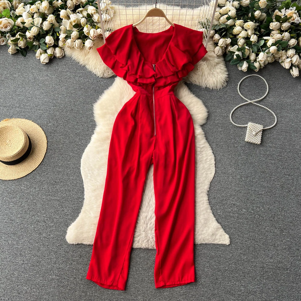 Clothland Women Chic Ruffled Jumpsuit V Neck Zipper Short Sleeve One Piece High Waist Fashion Playsuit Mujer KA335