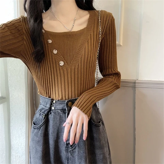 

Coffee Japan Korea Pullover Girl Woman Women Sweater V-Neck Knit Tops Tight Women's Sweaters Fall Spring Top Coat Cloth Suétere
