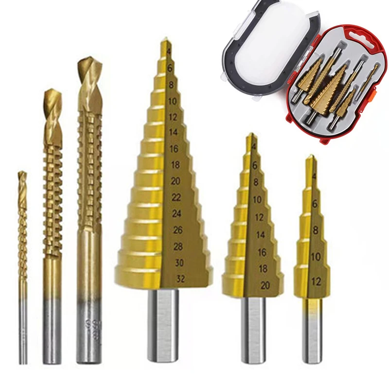 

Drill Bit 4-12/20/32mm Step HSS Steel Metal Hole Cutter Set Titanium Plating Cone Core Drilling Stepped Twist Serrated Drill Bit