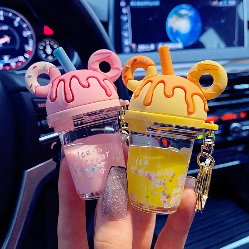 

Cartoon Mouse Head into oil Acrylic Key Chains Liquid Floating Milk Tea Cup Keychain Female Couple Backpack Cute Keyring Gifts