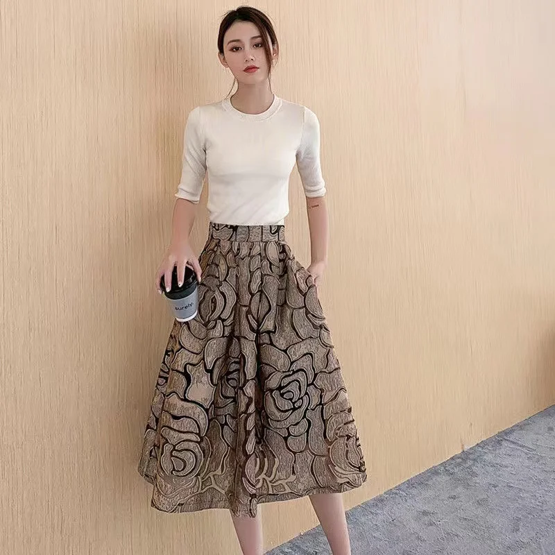

Vintage Elegant Korean Fashion Fairy Sweet Floral ball gown skirt High Waisted Puffy Gold Pleated Long Midi Skirt for Women