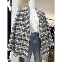 tweed suit jacket 2022 autumn and winter with cotton thickened womens korean double breasted temperament wool coat tartan coat