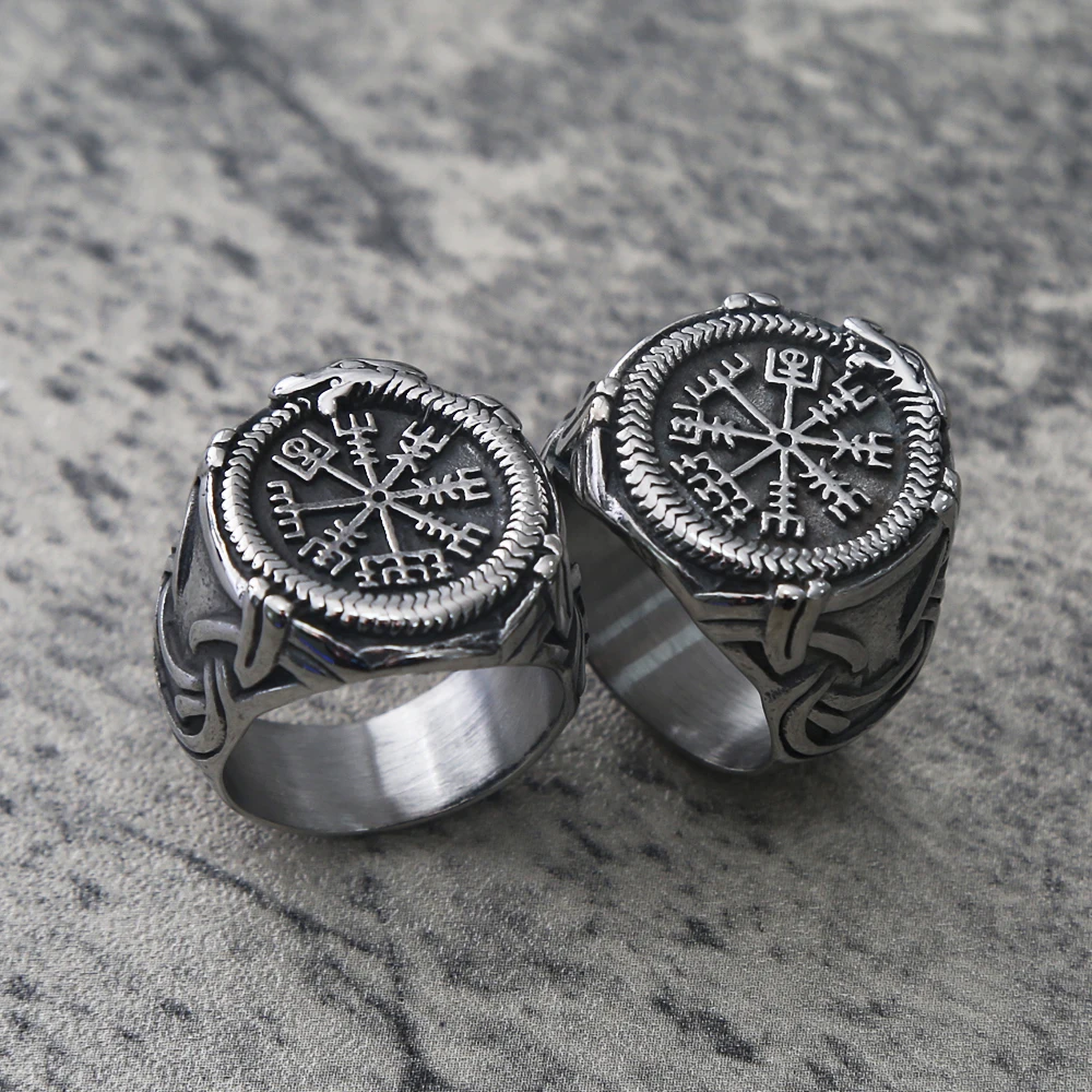 

Vintage Viking Aegishjalmur Men's Ring Stainless Steel Nordic Pattern Compass Vegvisir Rings For Men Amulet Pattern Jewelry Gift