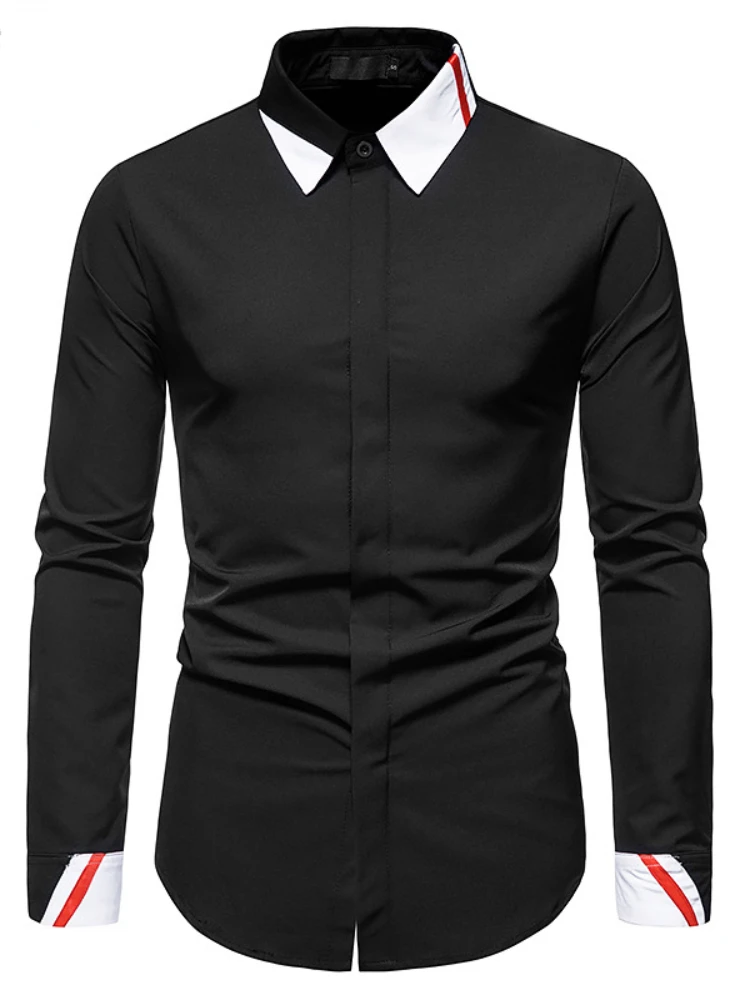 Men's Color Matching Business Fashion Long Sleeve Shirt Professional Wear New Hollow Style Slim Fit 2022 Shirt Accessories