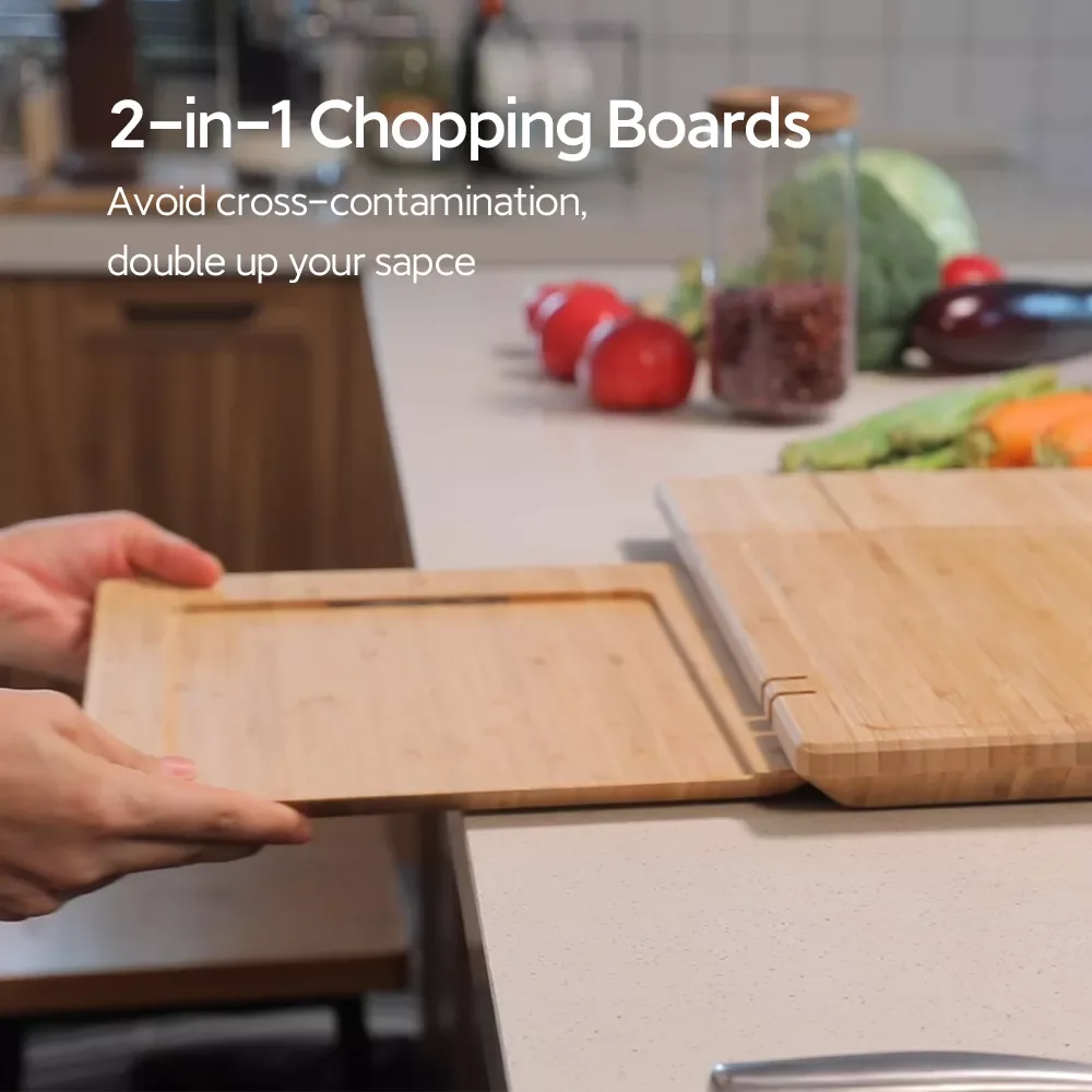 

Cutting Board 5-in-1 Kitchen Bamboo Chopping Board Set Food Juice Groove Scale Timer Waterproof Butcher Block Set of 2