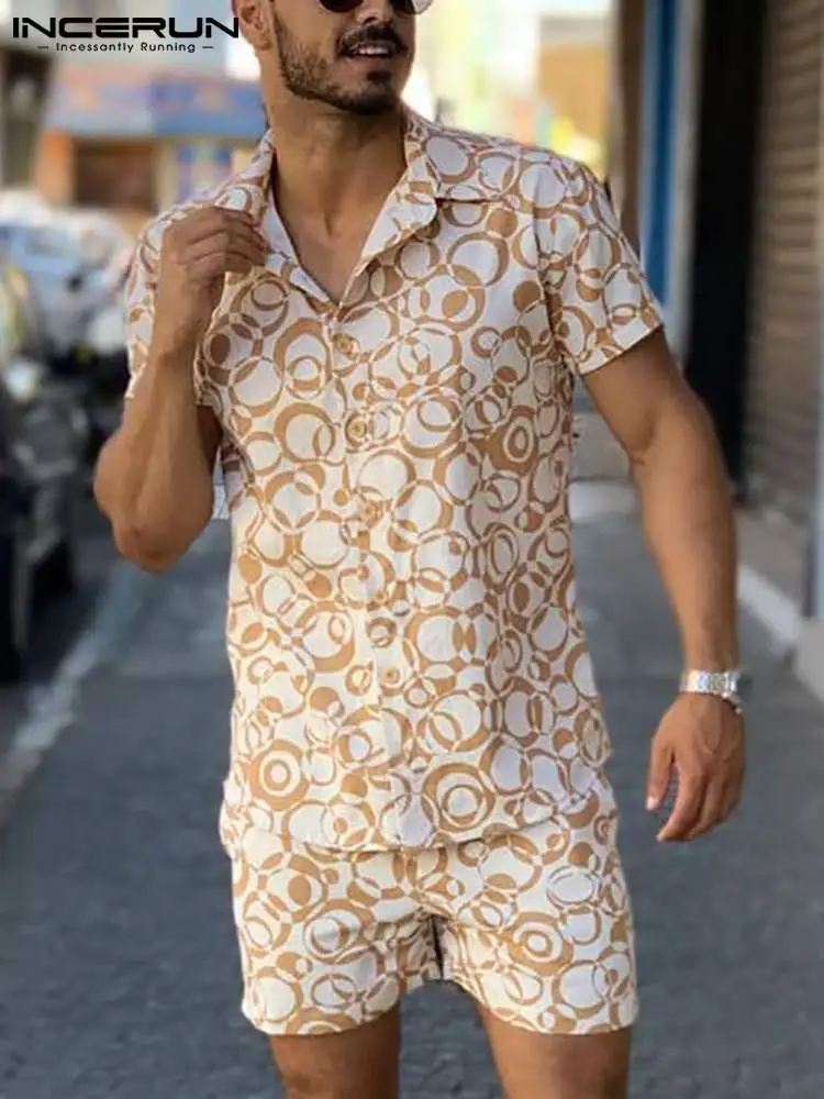 

Fashion Casual Style Men's Two Pieces Suits Short Sleeve Buttons Tops Short Pants INCERUN 2022 Male Printed Suit 2 Pieces S-3XL