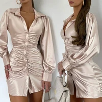 2022 spring new fashion womens pleated long sleeved shirt backless straps sexy temperament solid color hip dress