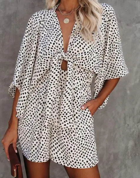 Women's Short Jumpsuits Summer Fashion Sexy Deep V-neck Lace Up Outfit Overalls Loose Casual Batwing Long Sleeve One-piece Pants