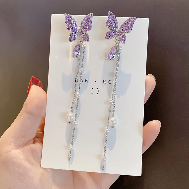 

2022 Fashion Ins silver Purple Butterfly Zircon Tassel Pearl Long Earrings for Women's Jewelry Wedding Party Gifts