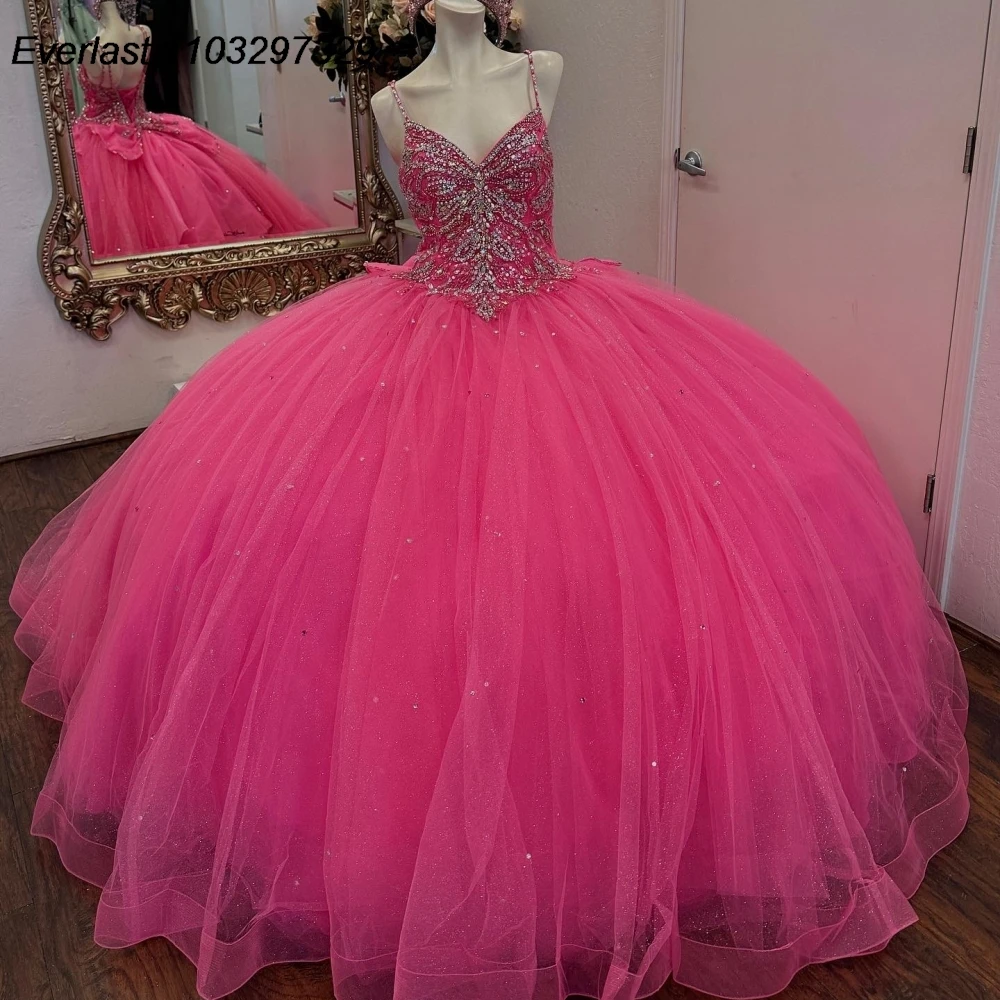 EVLAST блестящее розовое платье Quinceanera бальное блестящая Аппликация из бисера