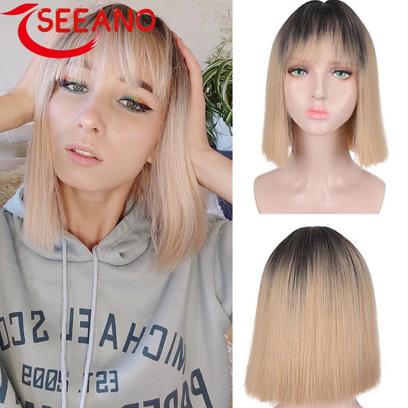 

Синтетический женский парик для косплея SEEANO, светлые розовые Аниме Короткие прямые парики для косплея с челкой, красивые парики без клея