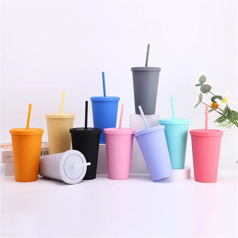 

Double Walled Cup Dull Polish High-capacity With Cover Straw Thermostability Cute Tableware Coffee Cup Plastics High-quality