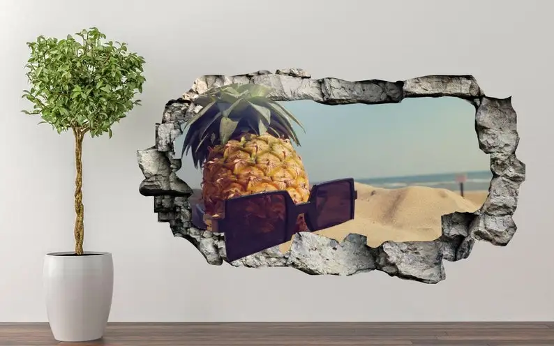 

Pineapple at the beach 3D Wall Decal Smash Effect - Broken Wall Sticker - Vinyl Wall Decor - Decals for Walls - Stickers 3D Effe