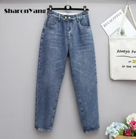large size mom jeans woman elastic high waist loose harem pants fat sister denim pants xl 5xl blue baggy jeans for women