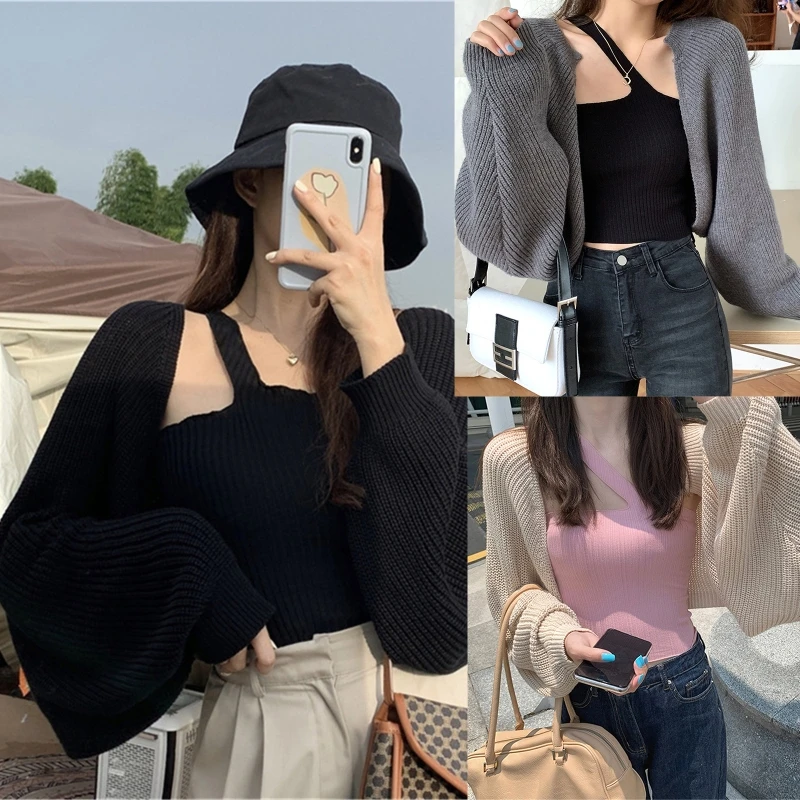 

Elegant Women Solid Knitted Shirt Open Front Summer Sun-proof Batwing Sleeve Female Casual Trendy Basic Korean Cardigan