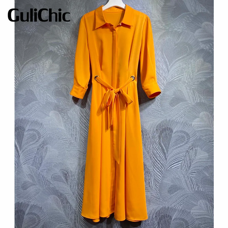 

Женское элегантное простое длинное платье-рубашка GuliChic 9,22 года, однотонные офисные платья с отложным воротником и поясом