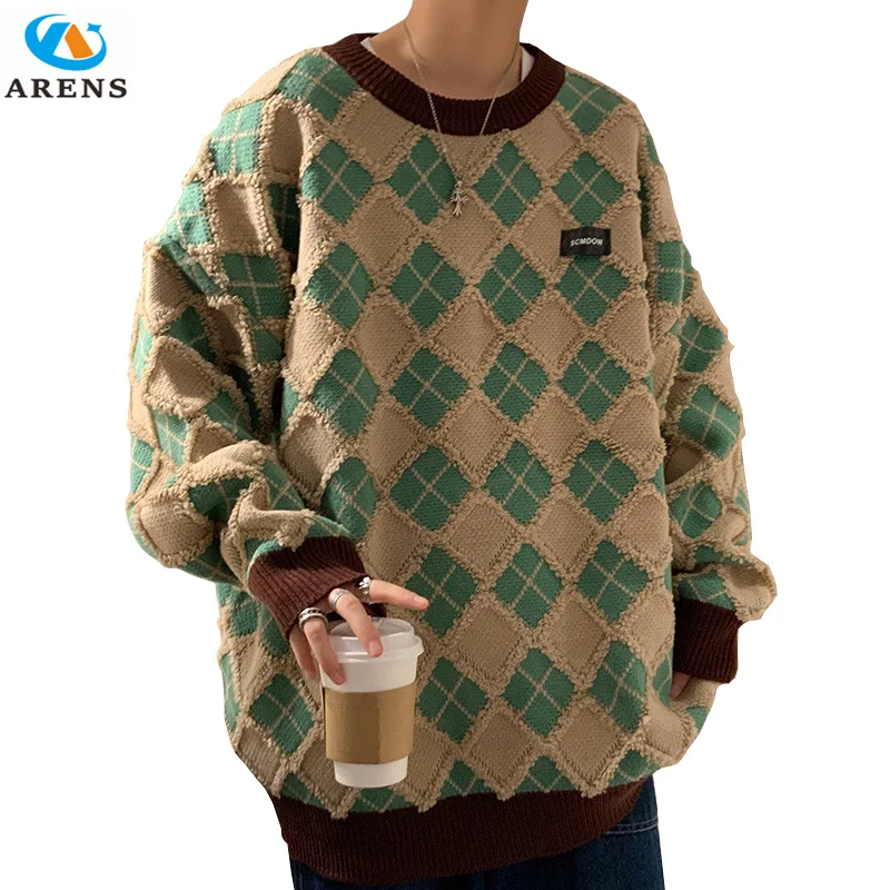 

ARENS Vintage Sweater Men New Harajuku Winter Men's Clothing Knitted Sweater Pullover Argyle Oversized Sweater
