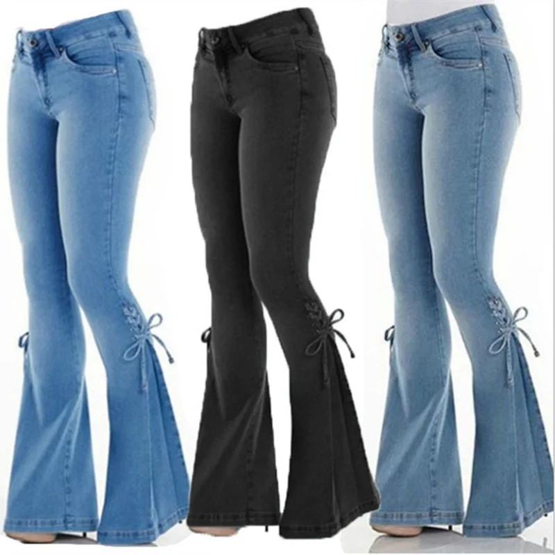 Women Jeans Mid Waist Tie Jeans Trousers Elastic Jeans Flared Pants Blue Jeans for Women