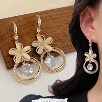 new korean flower opal long ear hook earring female design light luxury circle flash diamond earrings