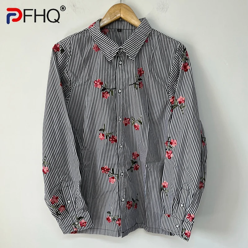 

PFHQ Men's Striped Heavy Embroidered Floral Shirts Casual Versatile Single Breasted Breathable Original Chic Tops Autumn 21Z2333