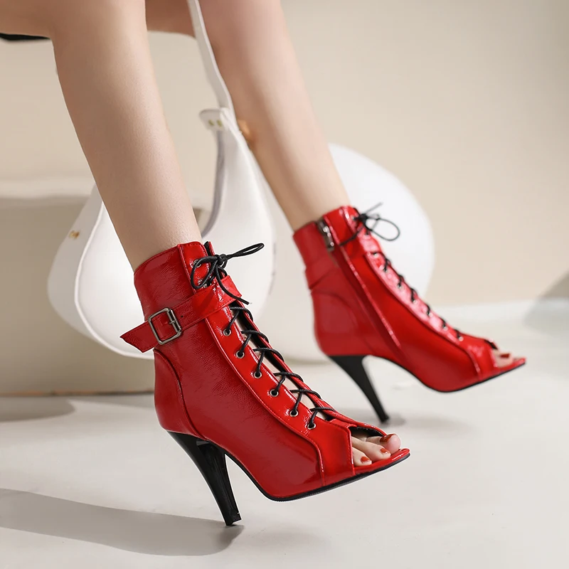 

Cross Strap Roman Style Sexy Peep Toe Boots Glossy Patent Leather Zipper Belt Metal Buckle Breathable Summer Women's Ankle Boots