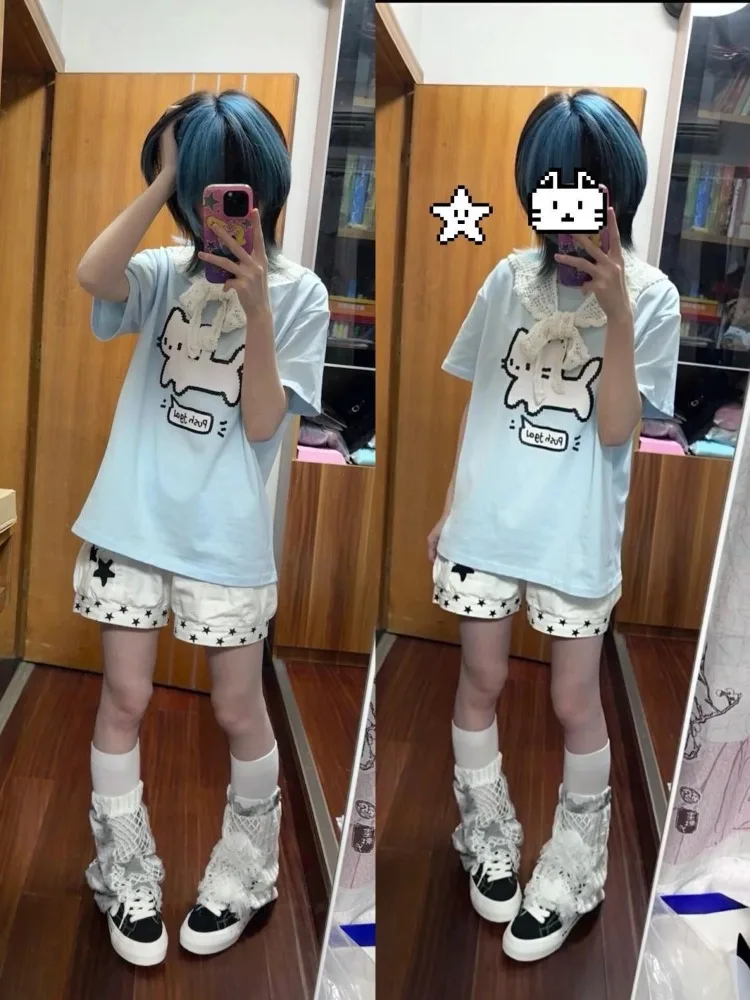Фото Женские синие футболки HOUZHOU Harajuku Kawaii с принтом кошки, с коротким рукавом, оверсайз, в японском стиле, хлопковые футболки Juminocore №5