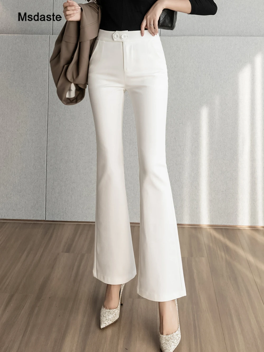 

Pants for Women High Waist Slightly Stretchy Lady Trousers Pantalone Mujer Workwear Bodycon Korean Casual Woman Flare Pants