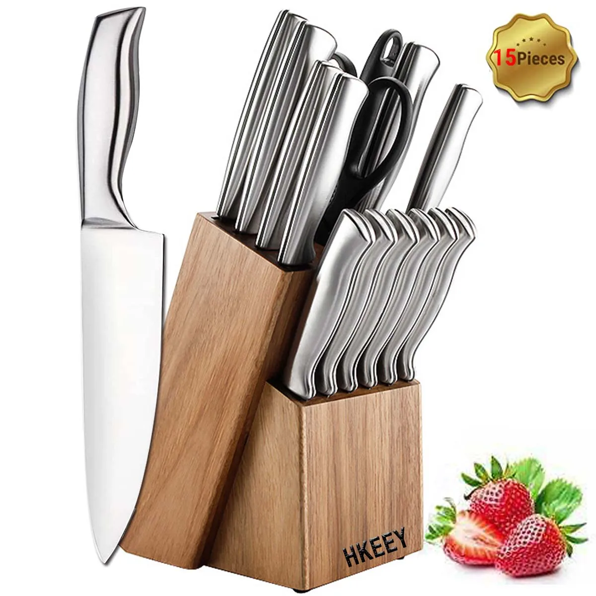 

Knife Set, 15 Pieces German Stainless Steel Kitchen Knives Block Set with Built-in Sharpener, Silver