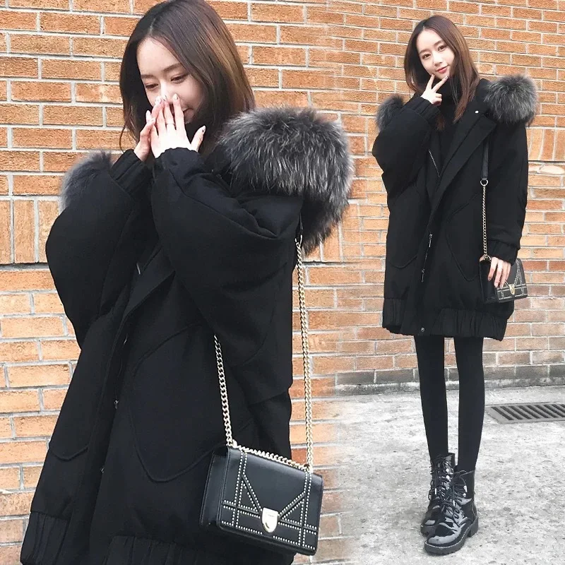 Cotton Jacket Winter Coat Oversized Fur Collar Large Yards Students Thickened Thin Long Paragraph Down Clothing Fashion Women